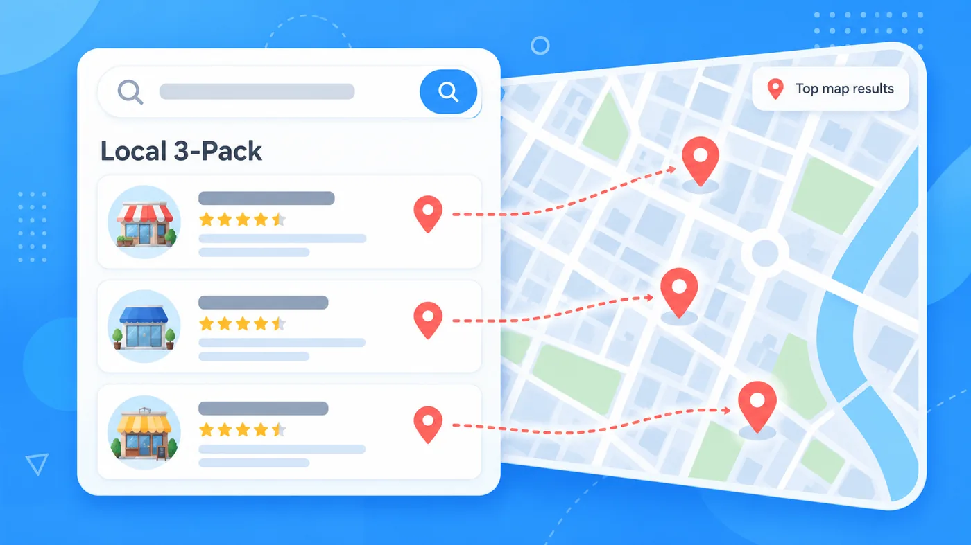 Google Search Local 3-Pack Results With Three Businesses Connected To Their Map Pins